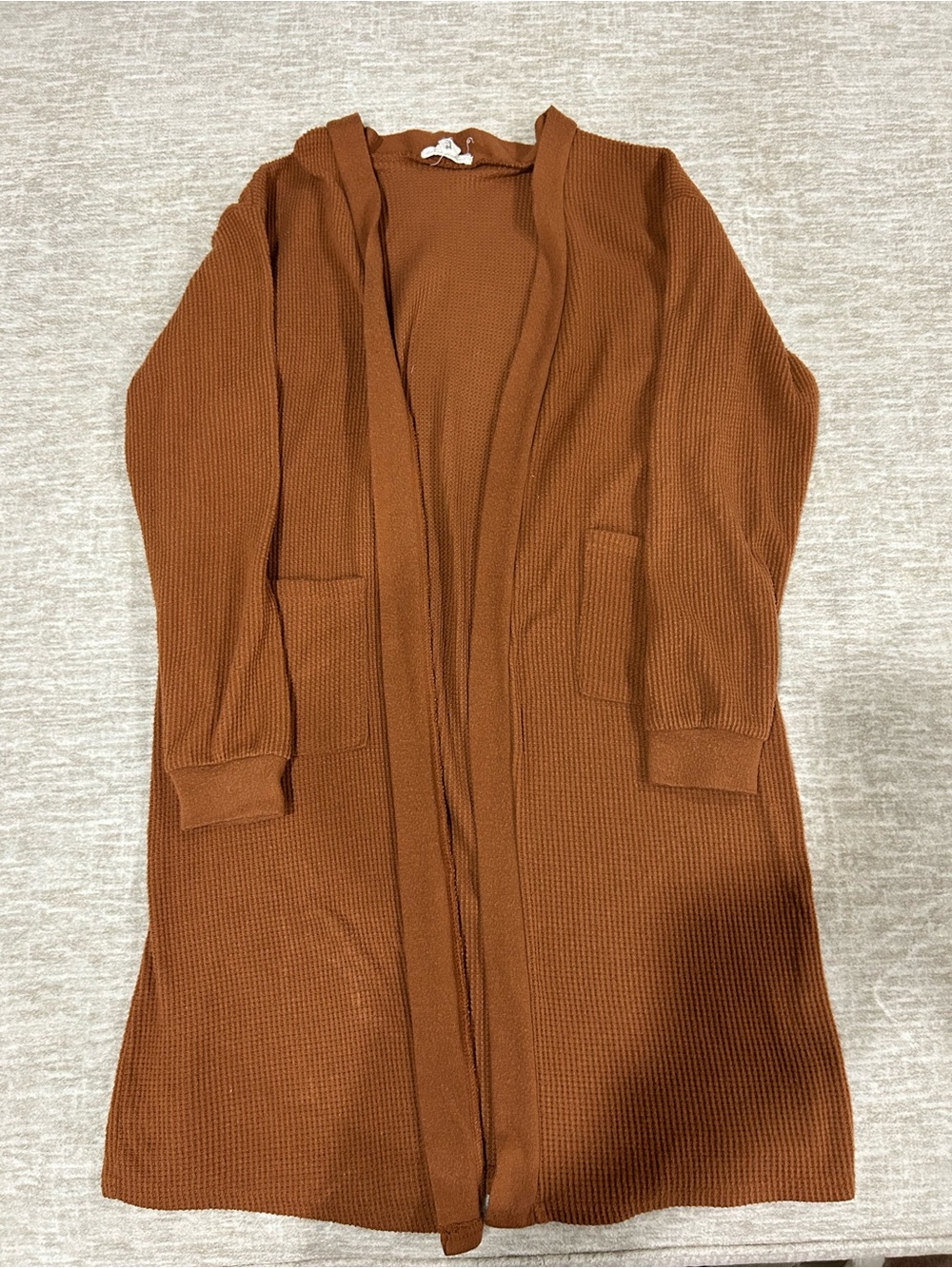 Long Open Waffle-Knit Cardigan in Rust Brown